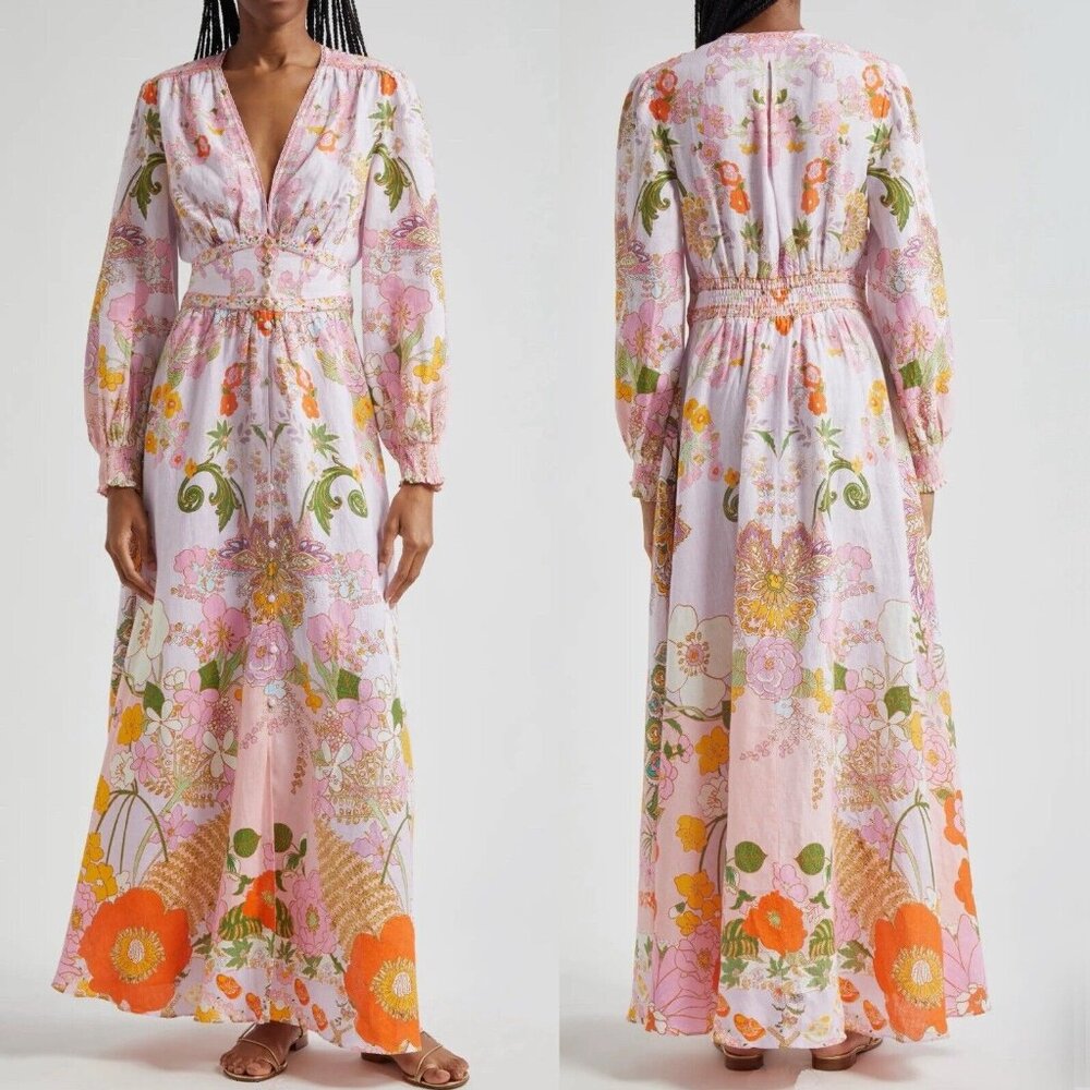 CAMILLA Linen V-Neck Empire Waist Long Sleeves Floral Maxi Dress - Clover Clogs